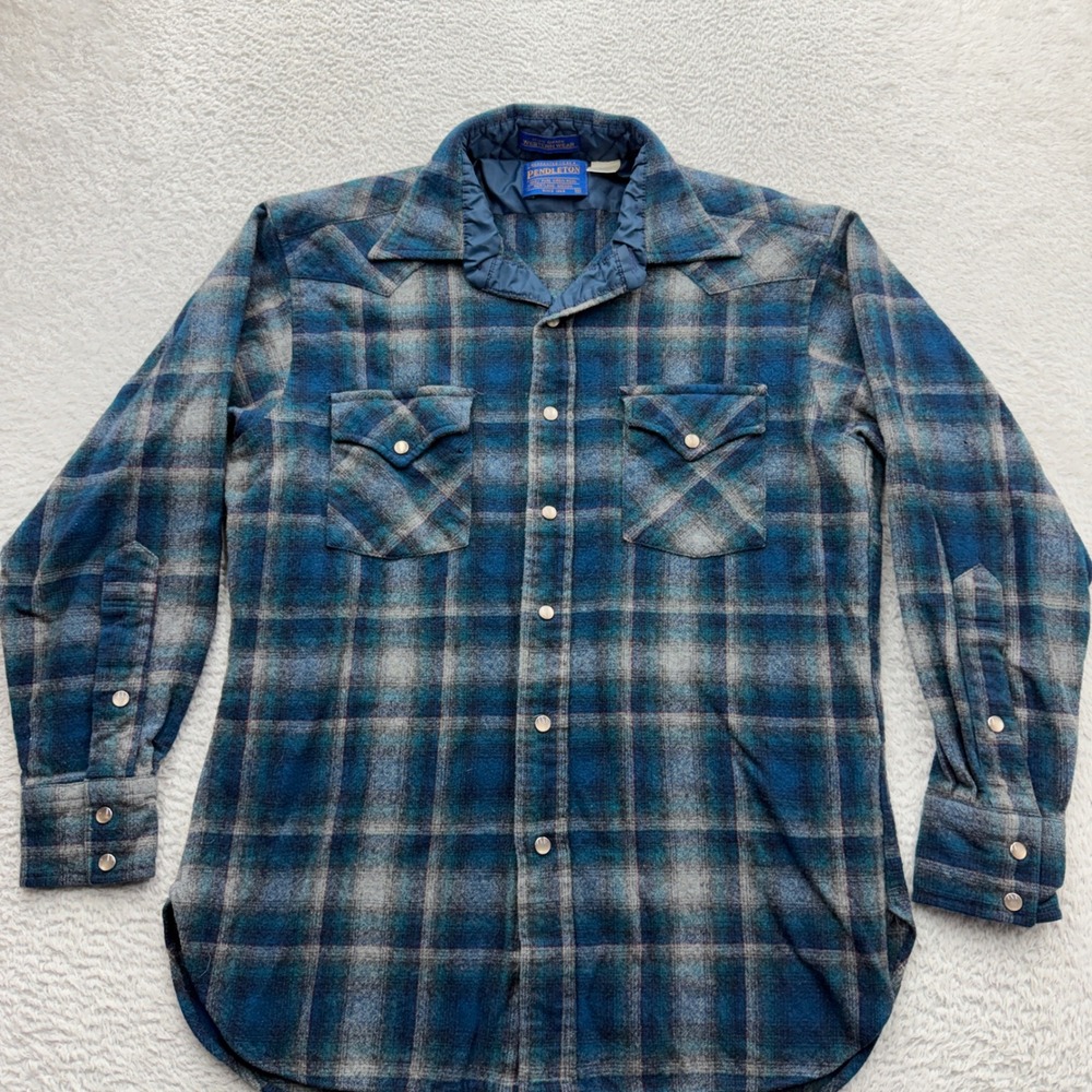 Pendleton High Grade Western Wear Blue Plaid Wool Snap Front Shirt Mens Medium